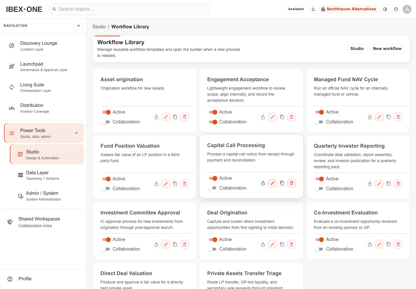 IBEX ONE Studio workflow library showing reusable workflow templates.