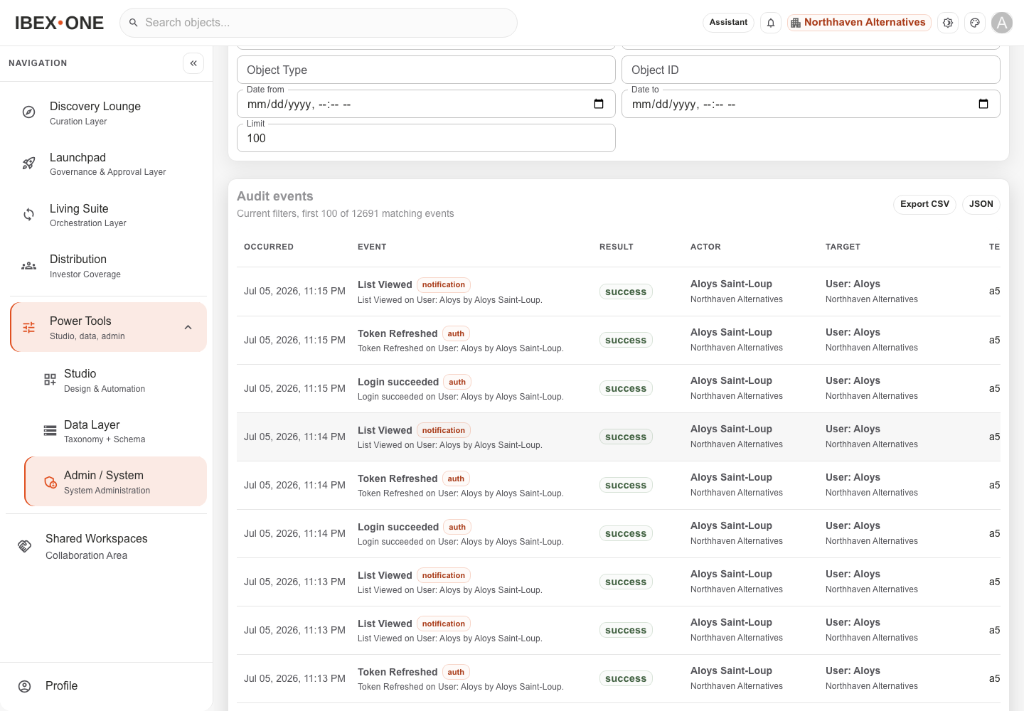 IBEX ONE global audit trail screen focused on audit event logs.