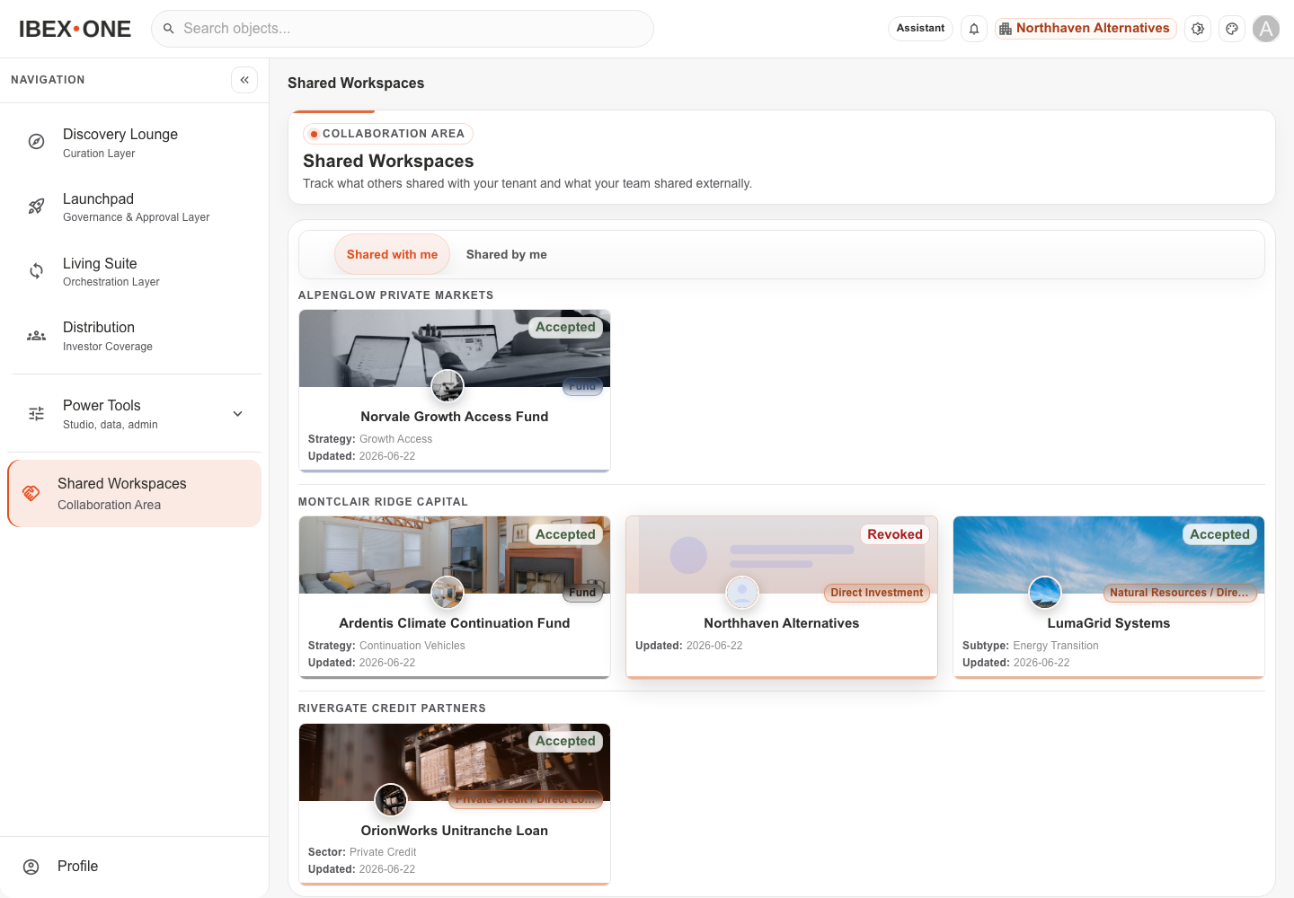 IBEX ONE shared workspaces screen showing controlled items shared across organizations.