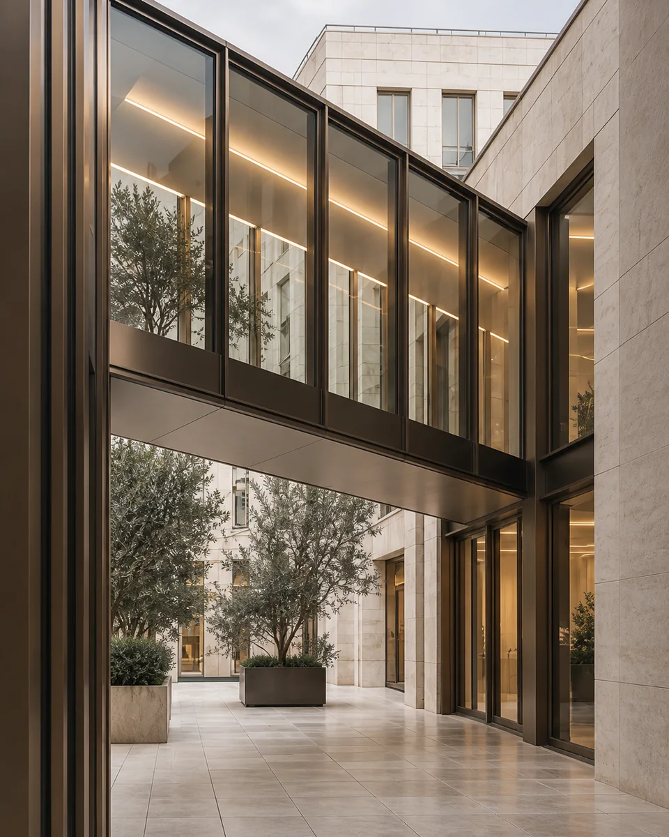 A bronze and glass walkway connects two limestone buildings over a peaceful courtyard.