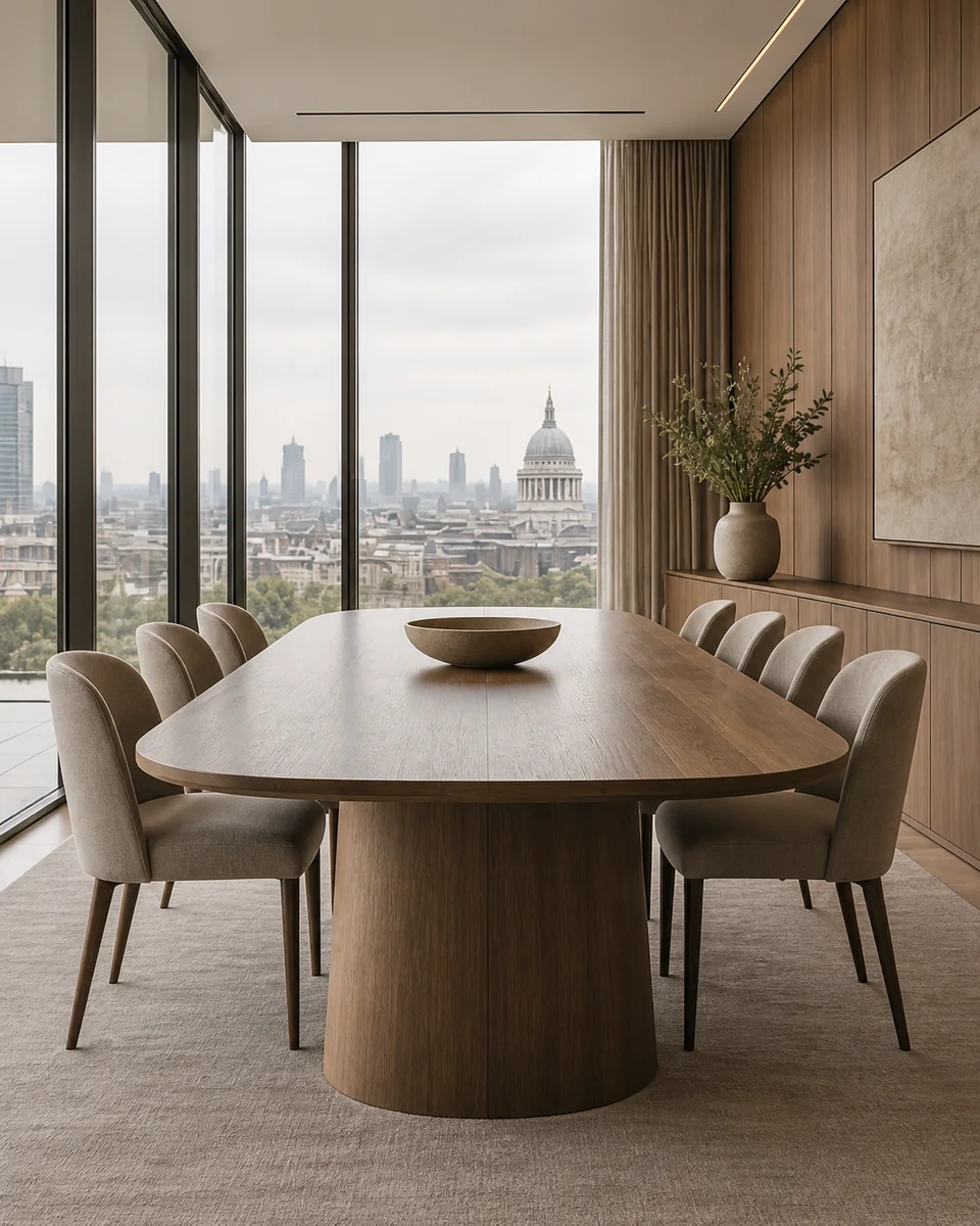 A quiet oak meeting table beside tall windows overlooking the city.