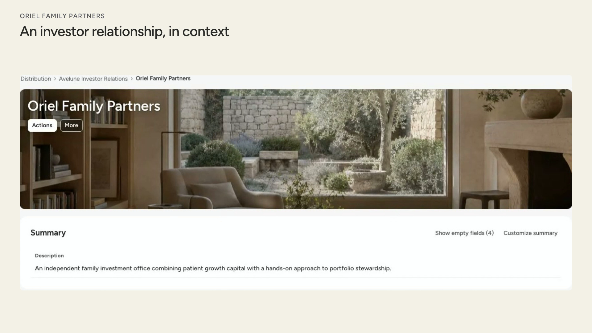 Oriel Family Partners’ investor record leads to Lucas’s portal contribution and Elise’s completed relationship review.