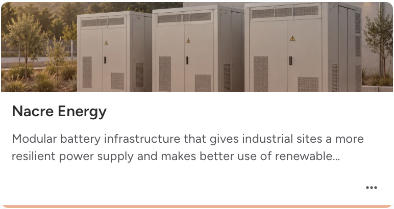 Nacre Energy in the actual Ibex One deal flow, with its energy storage photograph and business description.